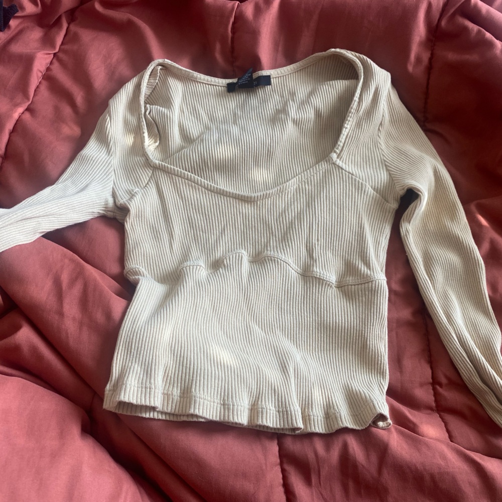 Forever 21 White Ribbed Fitted 3/4 Sleeve Blouse